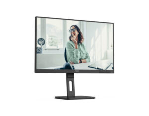 AOC Q27P3CV 27 Inch QHD IPS 75Hz USB-C 65W monitor front left angle view showing slim bezels and clean stand.