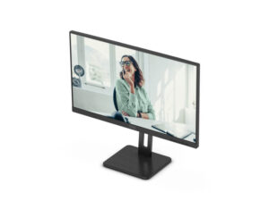 AOC Q27P3CV 27 Inch QHD IPS 75Hz USB-C 65W monitor front right high angle view highlighting display and stand.