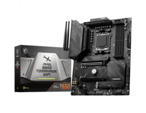 MSI MAG B650 TOMAHAWK WIFI ATX gaming motherboard angle view with box, Wi-Fi antennas and accessories shown.