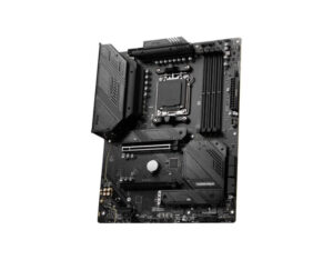 MSI MAG B650 TOMAHAWK WIFI ATX gaming motherboard front left angle view, showing VRM heatsinks and layout.