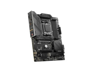 MSI MAG B650 TOMAHAWK WIFI ATX gaming motherboard front right angle view, highlighting PCIe slots and DDR5 DIMMs.