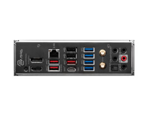 MSI MAG B650 TOMAHAWK WIFI ATX gaming motherboard rear I/O view with USB ports, HDMI, LAN and audio jacks.