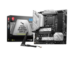 MSI MAG B760M MORTAR WIFI II mATX gaming motherboard angled view with retail box, Wi-Fi antennas and accessories.
