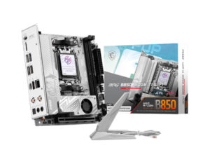 MSI MPG B850I EDGE TI WIFI Mini-ITX gaming motherboard angle view with box, accessories and AMD B850 branding shown.