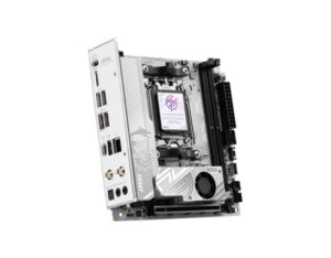 MSI MPG B850I EDGE TI WIFI Mini-ITX gaming motherboard front left angle view, showing rear I/O side and DDR5 slots.