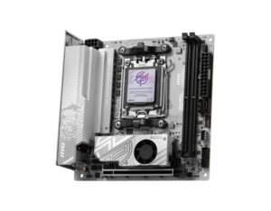 MSI MPG B850I EDGE TI WIFI Mini-ITX gaming motherboard front right angle view, compact layout with silver heatsinks.