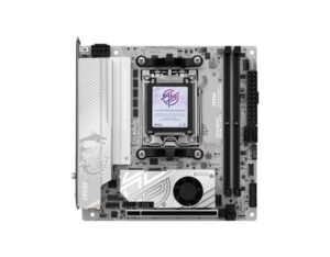 MSI MPG B850I EDGE TI WIFI Mini-ITX gaming motherboard front view, AMD B850 DDR5 board with silver heatsinks.