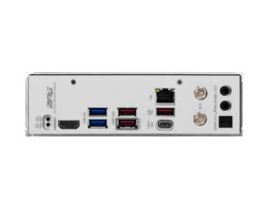 MSI MPG B850I EDGE TI WIFI Mini-ITX gaming motherboard rear I/O view with USB ports, HDMI/DP, LAN and audio jacks.
