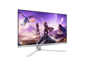 Philips Evnia 27M2N8800 27 Inch 4K UHD QD OLED 240Hz white gaming monitor, front left angle view with stand.
