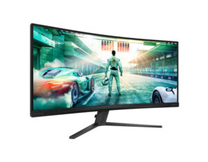 Philips Evnia 34M2C3500L 34 Inch WQHD curved Fast VA 180Hz gaming monitor front left angle view with stand.