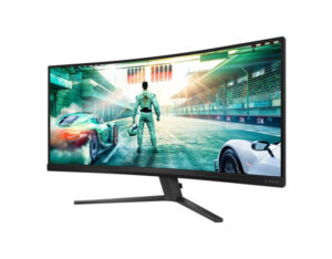 Philips Evnia 34M2C3500L 34 Inch WQHD curved Fast VA 180Hz gaming monitor front right angle view with stand.