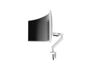 AOC AM406W aluminum alloy monitor arm (White) right side view with curved monitor mounted and desk clamp.
