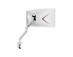 AOC AM406W aluminum alloy monitor arm (White) rear right angle high view with curved monitor mounted and clamp.