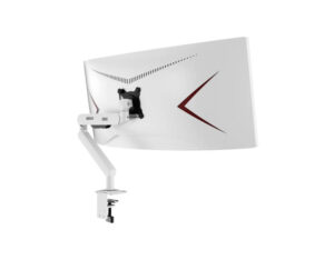AOC AM406W aluminum alloy monitor arm (White) rear left angle high view with curved monitor mounted and clamp.