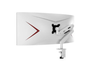 AOC AM406W aluminum alloy monitor arm (White) rear right angle view with curved monitor mounted and clamp.