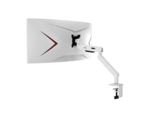 AOC AM406W aluminum alloy monitor arm (White) rear left angle view with curved monitor mounted and clamp.