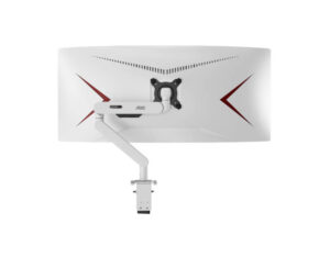 AOC AM406W aluminum alloy monitor arm (White) rear view with curved monitor mounted and desk clamp.