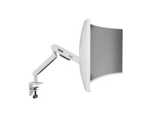AOC AM406W aluminum alloy monitor arm (White) left side view with curved monitor mounted and desk clamp.