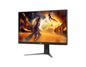 AOC Q27G4/D 27 Inch Quad HD Fast IPS 200Hz Gaming Monitor - Front Right Angle View. Gaming display with slim bezels.