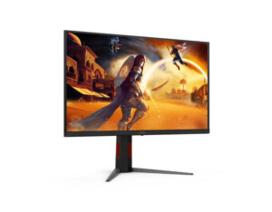 AOC Q27G4ZD 27 Inch QHD QD-OLED 240Hz 0.03ms Gaming Monitor - Front Left Angle View. Slim bezels and V-stand design.