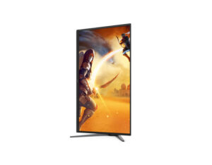 AOC Q27G4ZD 27 Inch QHD QD-OLED 240Hz 0.03ms Gaming Monitor - Front Right View (Vertical Pivot). Portrait mode on V-stand.