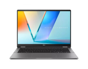 Straight front view of ASUS Vivobook 14 Flip TP3407SA open display, keyboard, and trackpad.