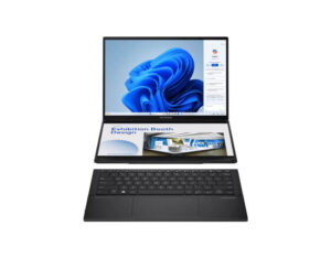 Front view of ASUS Zenbook DUO 2024 UX8406 showcasing both 3K OLED touchscreens.