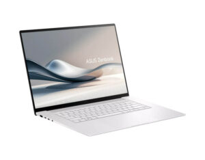 ASUS Zenbook S 16 UX5606 viewed from an open front-left angle highlighting the premium silver chassis.