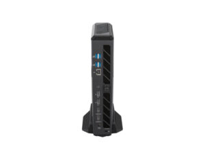 ASUS ROG NUC 16 Gaming Mini PC rear ports vertical view on stand showing upright I/O layout